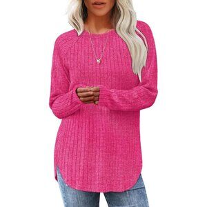 Women's Hot Pink Crewneck Long Sleeve Tunic Loose Sweaters Shirts Tops Clothes